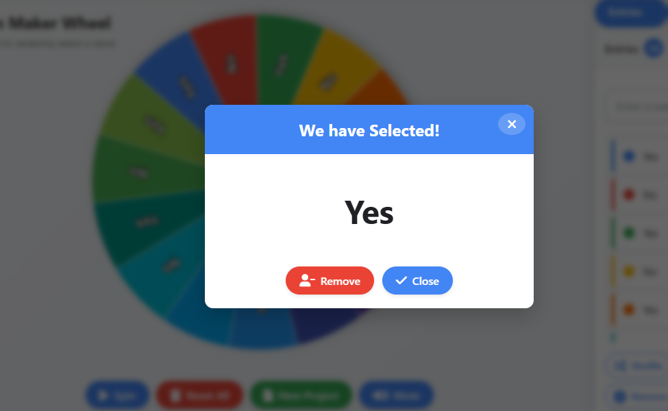 yes or no wheel Result